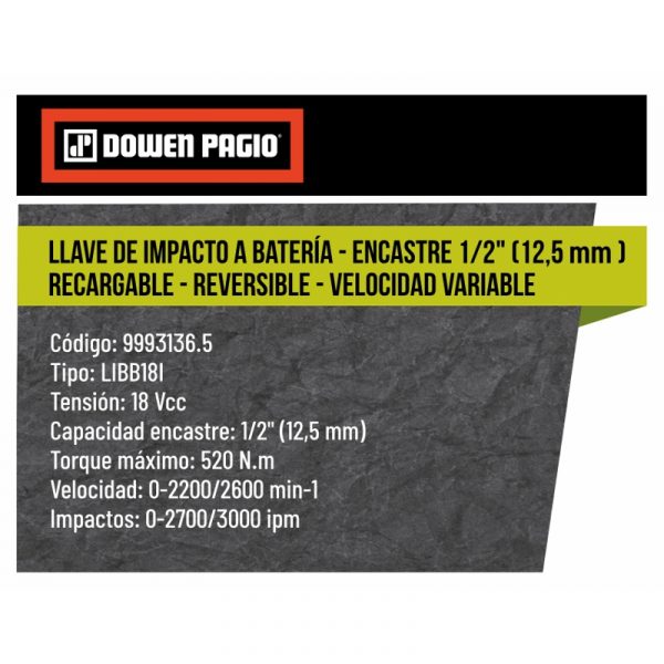 Llave de impacto BRUSHLESS a Batería Recargable Reversible - Encastre 1/2" - Flex One - Imagen 2