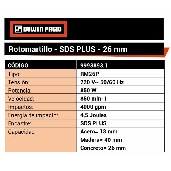 Rotomartillo Rotopercutor 4,5 Joules 800w 26mm - Imagen 2