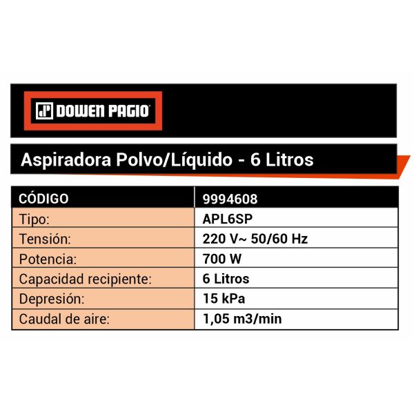 Aspiradora Polvo/Líquido 6 Litros 700 W - Imagen 2