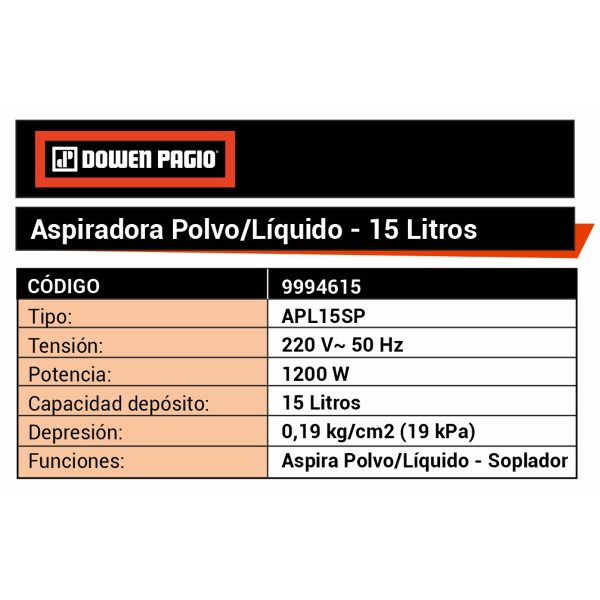Aspiradora De Liquidos Y Solidos De Acero Inoxidable 15 Litros 1200 W - Imagen 2