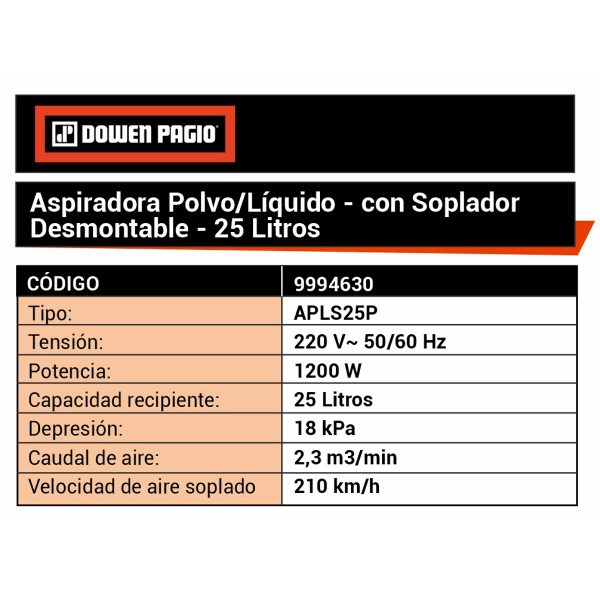Aspiradora Polvo/Líquido 25 Litros Con Soplador Desmontable - Imagen 9