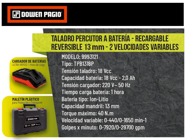 Taladro Percutor a Batería Recargable Reversible 13 mm - Flex One - Imagen 8